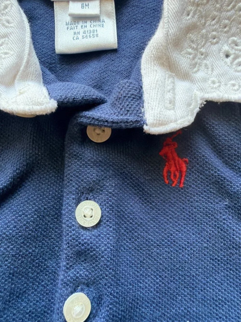 Ralph Lauren Baby Girls Navy Polo Dress Eyelet Collar 6M Ruffle Hem